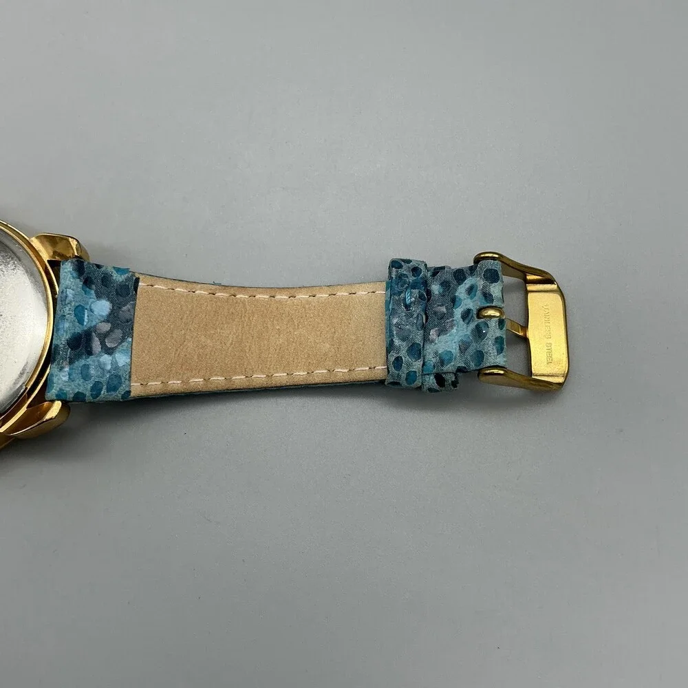 Anne Klein Womens Watch 40mm MOP Dial Gold Tone Blue Leather New Battery